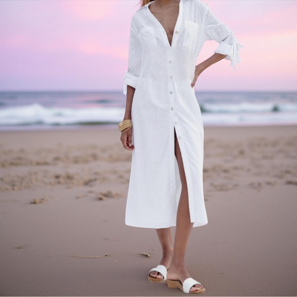 Zara Dresses & Skirts - Zara White Eyelet Button-Up Maxi Shirt Dress Size Small